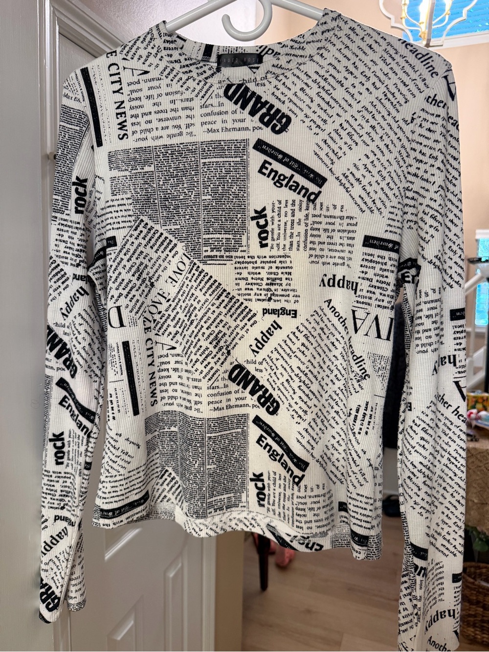 Bershka Black & White Newspaper-Print Long Sleeve Shirt, XL